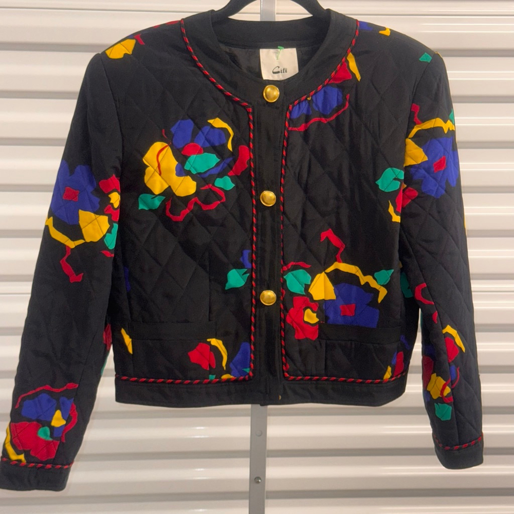 Vintage Citi Black Floral Quilted Silk Jacket Size 8